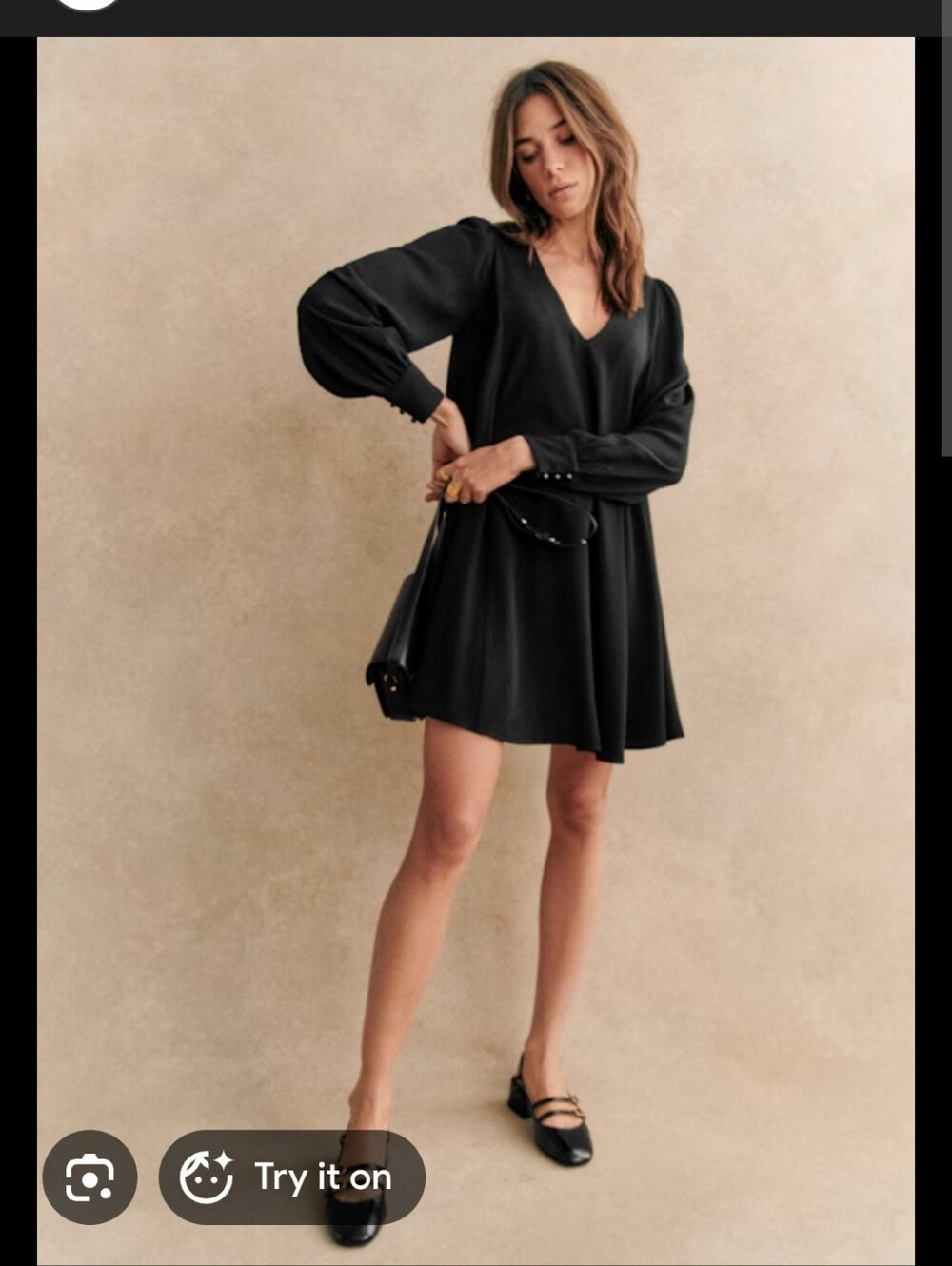 Sezane Black V-Neck Long-Sleeve Mini Dress